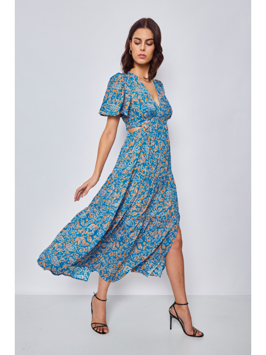 Vestido largo azul estampado