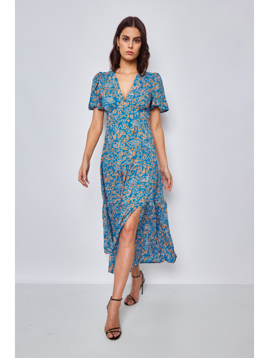 Vestido largo azul estampado