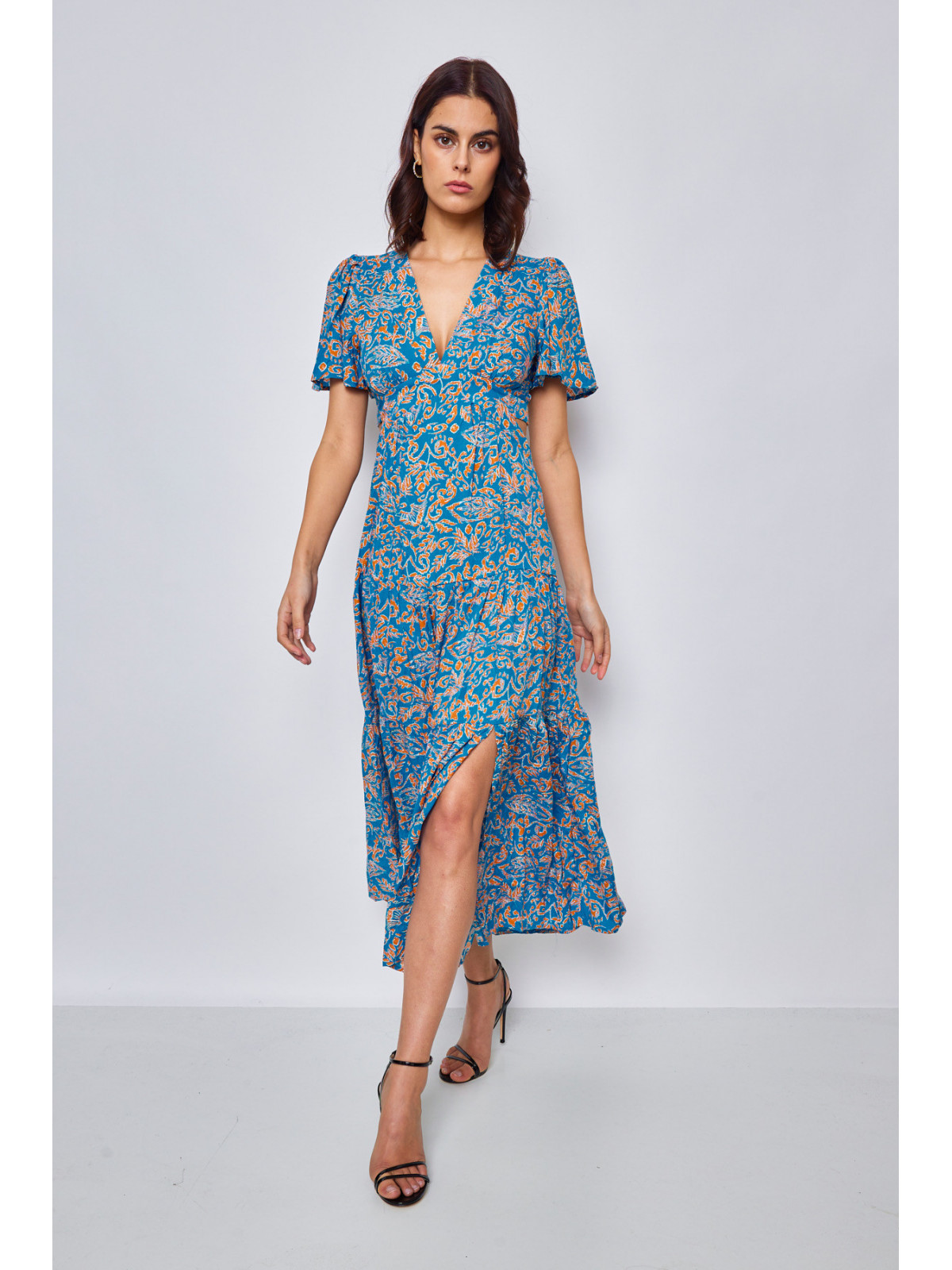 Vestido largo azul estampado