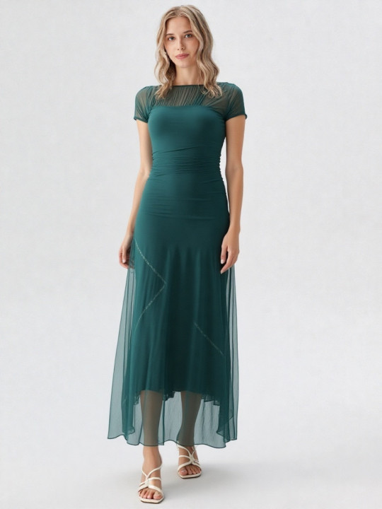 Vestido largo liso en verde oscuro