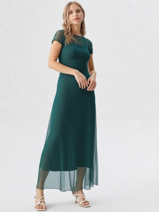 Vestido largo liso en verde oscuro